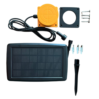 Flat lay of all the elements in the box. Solar panel, Sensor and accessories